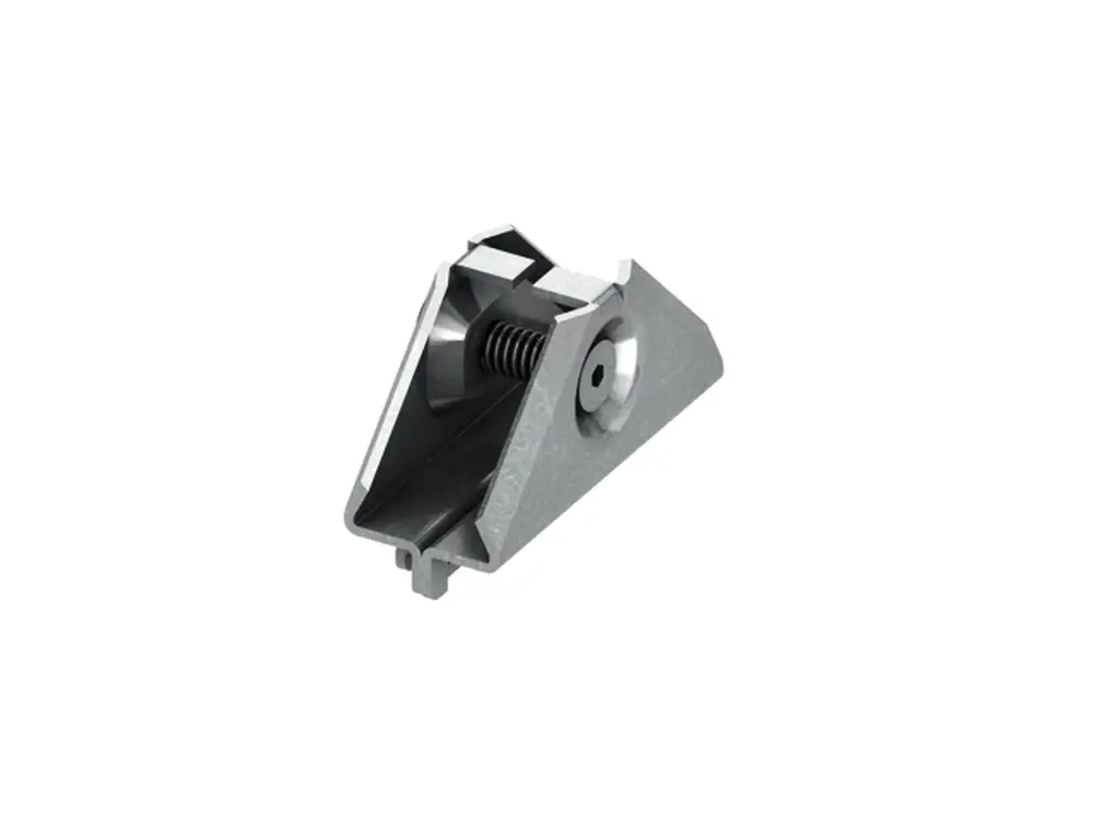 Eckverbinder aus Metall mit federbelastetem Mechanismus, geeignet für Verbindungen in Baukonstruktionen. Produkt von TECE, zeigt eine einfache, funktionale Form.